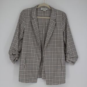 Rachel Zoe Blazer Women's Medium Grey White Open Ruched Sleeve Plaid Classic